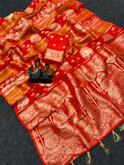 Ailurophile Orange Banarasi Khadi Silk Saree With Blissful Blouse Piece