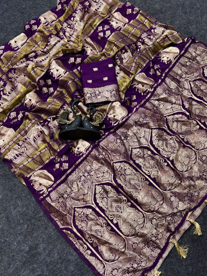 Capricious Purple Banarasi Khadi Silk Saree With Eclat Blouse Piece