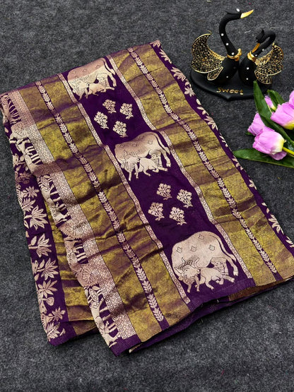 Capricious Purple Banarasi Khadi Silk Saree With Eclat Blouse Piece