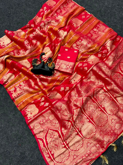 Adorable Red Banarasi Khadi Silk Saree With Tantalizing Blouse Piece