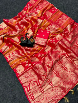 Adorable Red Banarasi Khadi Silk Saree With Tantalizing Blouse Piece