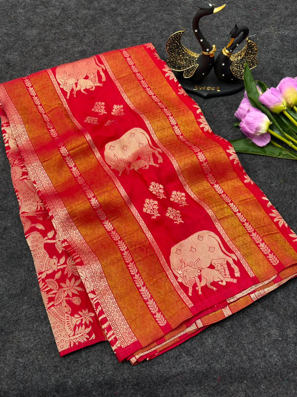 Adorable Red Banarasi Khadi Silk Saree With Tantalizing Blouse Piece