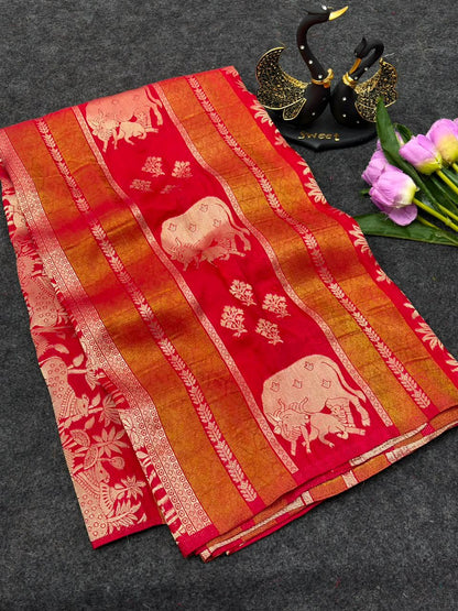 Adorable Red Banarasi Khadi Silk Saree With Tantalizing Blouse Piece