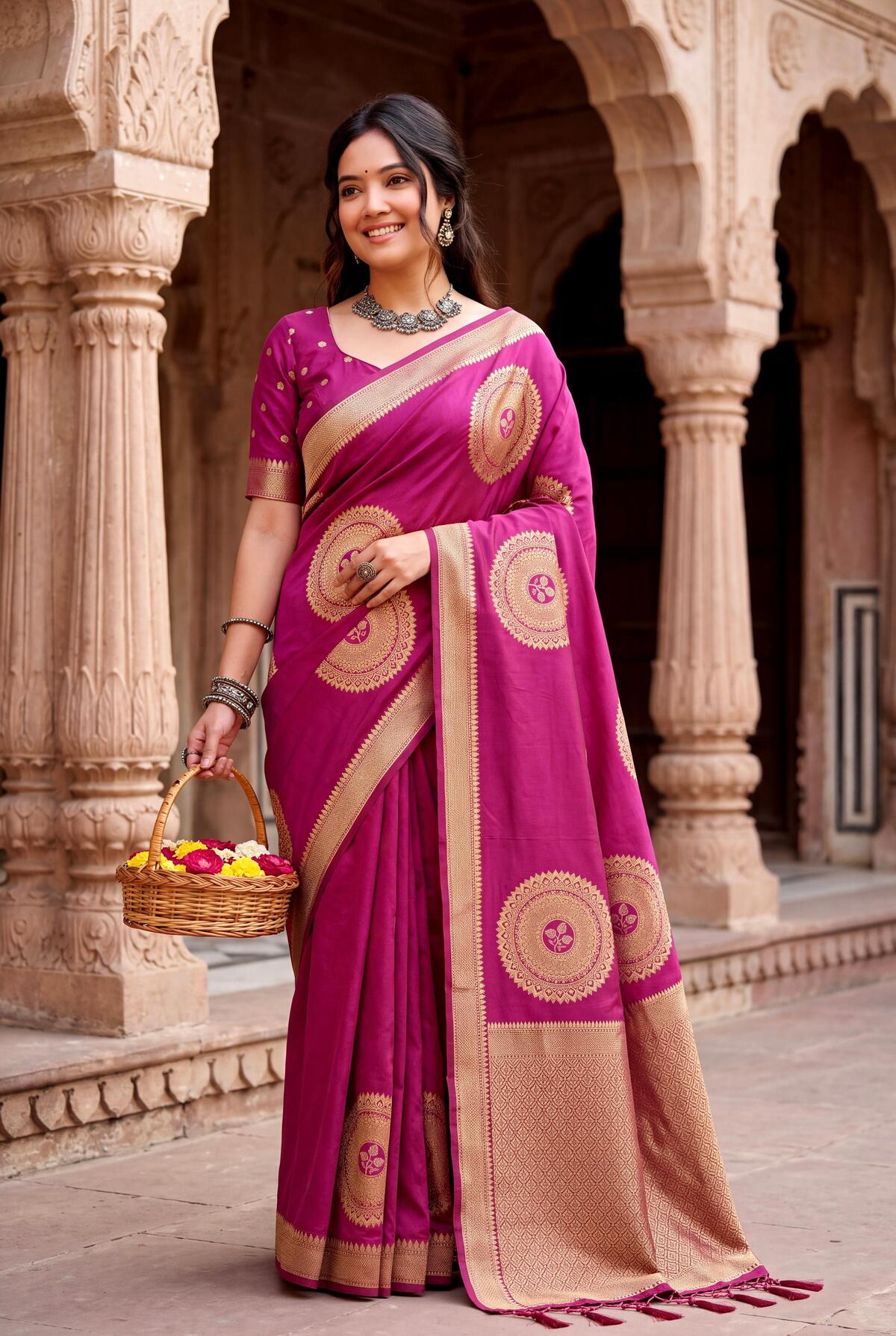 Grandiose Dark Pink Banarasi Khadi Silk Saree With Verdant Blouse Piece