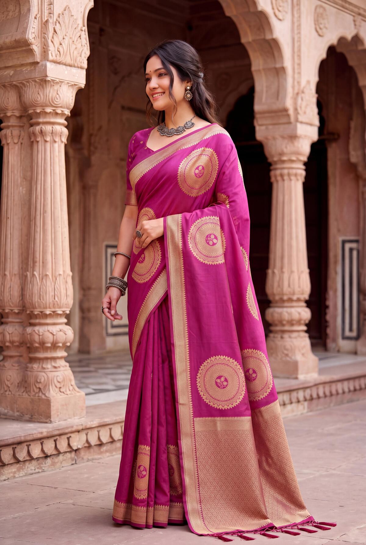 Grandiose Dark Pink Banarasi Khadi Silk Saree With Verdant Blouse Piece