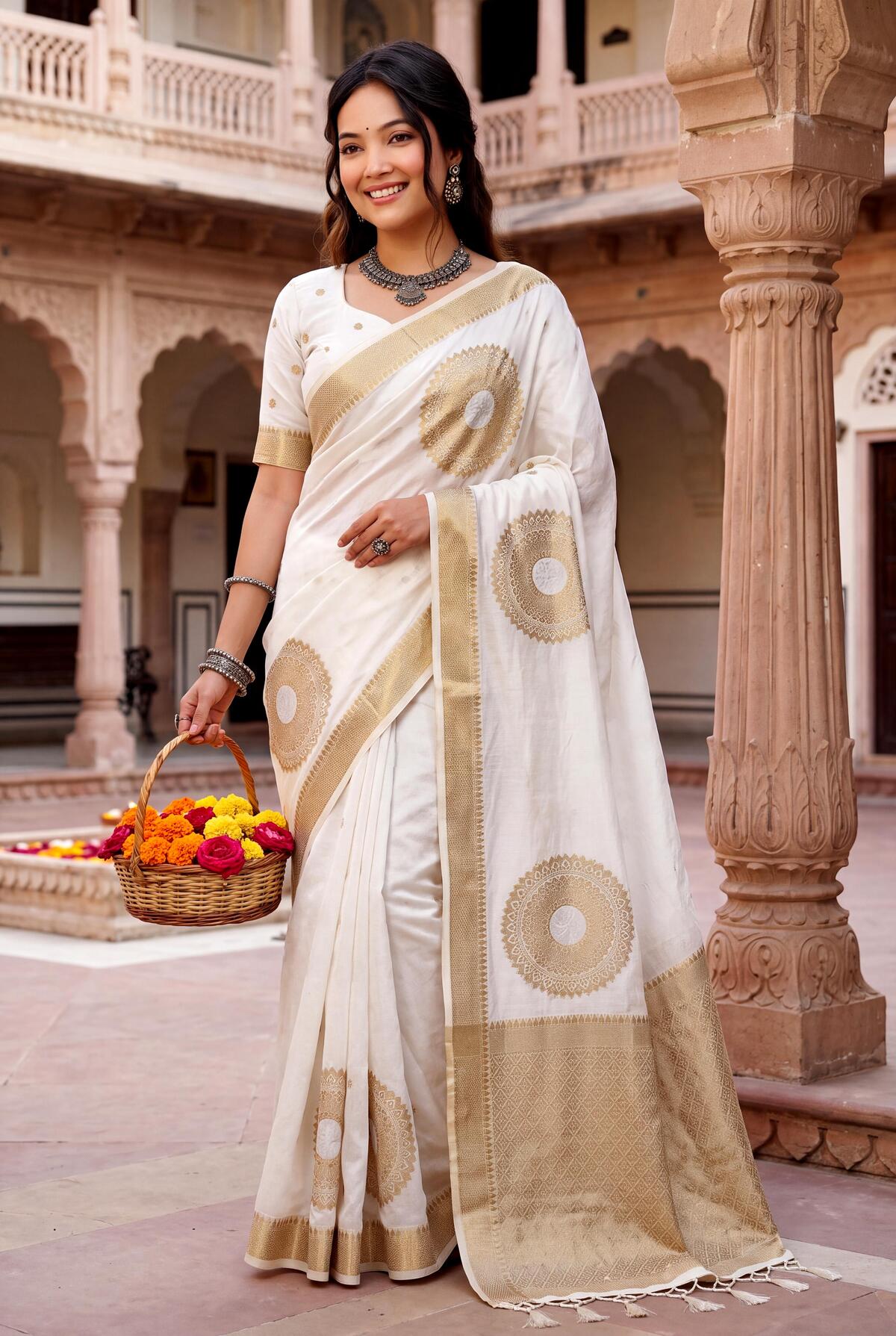 Scrumptious Off White Banarasi Khadi Silk Saree With Scrupulous Blouse Piece