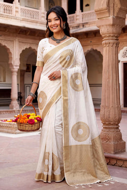 Scrumptious Off White Banarasi Khadi Silk Saree With Scrupulous Blouse Piece