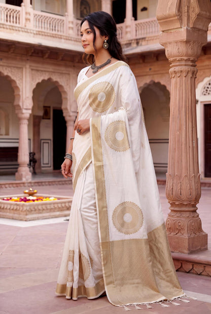 Scrumptious Off White Banarasi Khadi Silk Saree With Scrupulous Blouse Piece