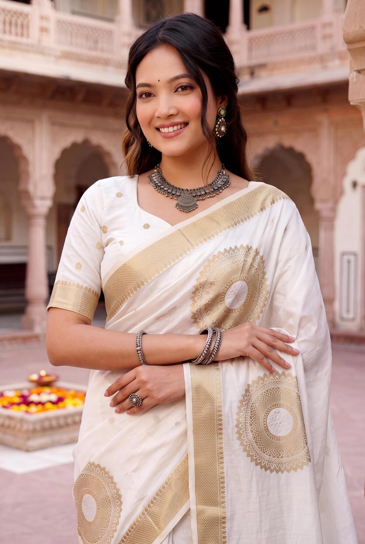Scrumptious Off White Banarasi Khadi Silk Saree With Scrupulous Blouse Piece