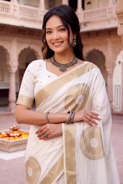 Scrumptious Off White Banarasi Khadi Silk Saree With Scrupulous Blouse Piece