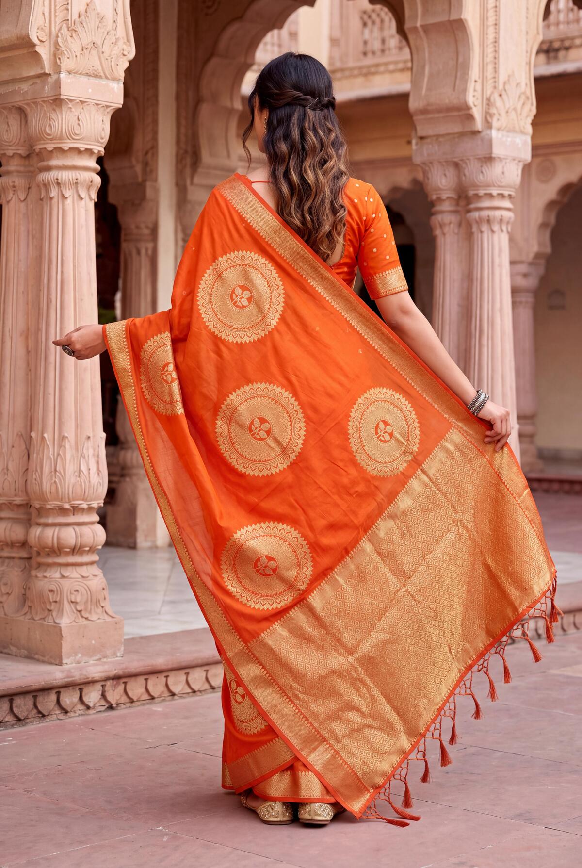 Opulent Orange Banarasi Khadi Silk Saree With Prodigal Blouse Piece