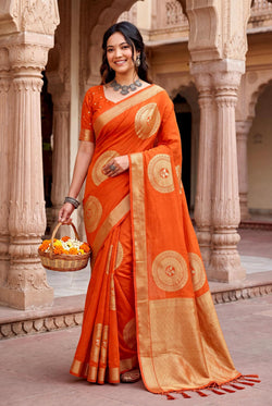 Opulent Orange Banarasi Khadi Silk Saree With Prodigal Blouse Piece