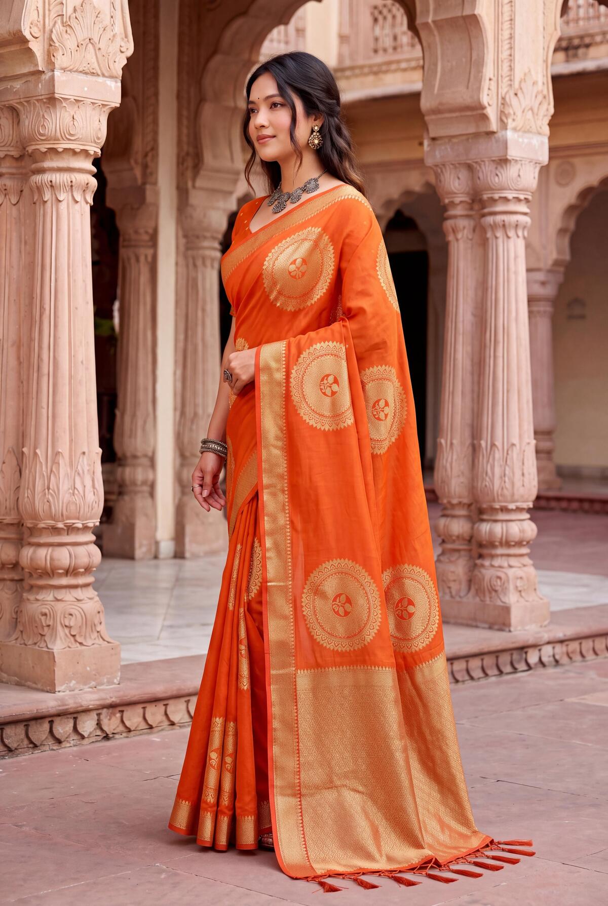 Opulent Orange Banarasi Khadi Silk Saree With Prodigal Blouse Piece