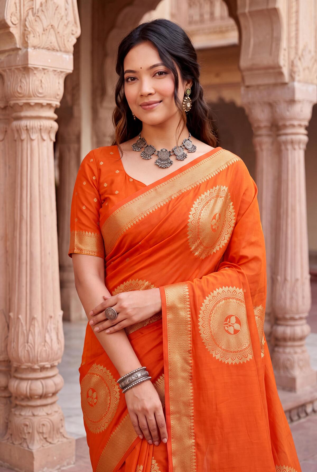Opulent Orange Banarasi Khadi Silk Saree With Prodigal Blouse Piece