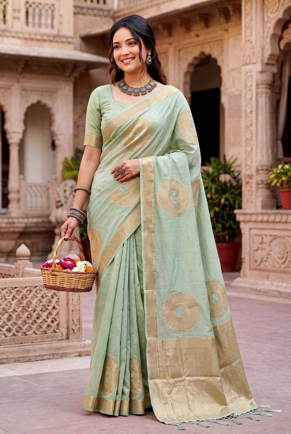 Winsome Pista Banarasi Khadi Silk Saree With Resonant Blouse Piece
