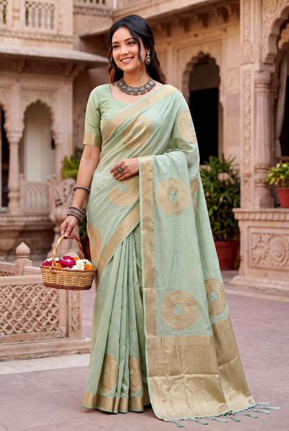 Winsome Pista Banarasi Khadi Silk Saree With Resonant Blouse Piece