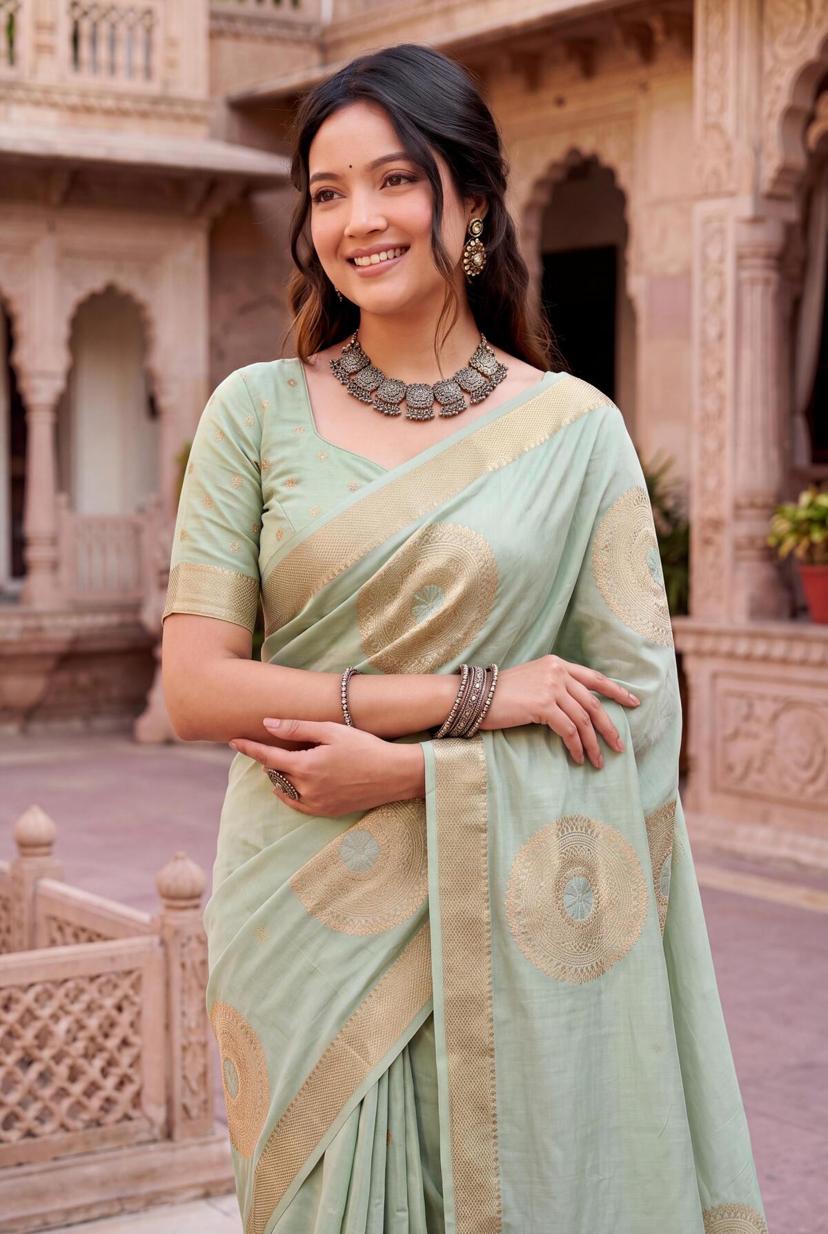 Winsome Pista Banarasi Khadi Silk Saree With Resonant Blouse Piece