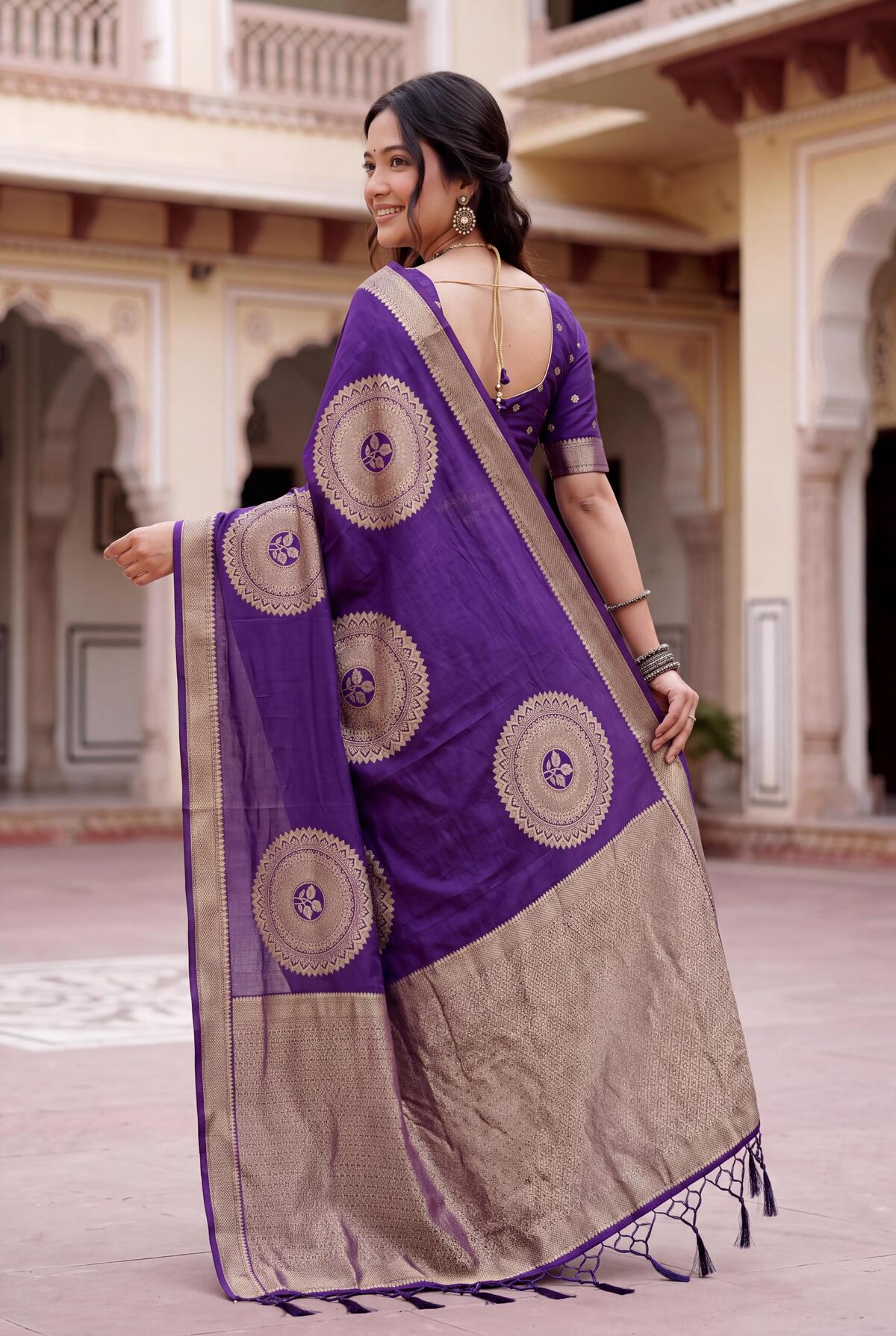 Precious Purple Banarasi Khadi Silk Saree With Radiant Blouse Piece