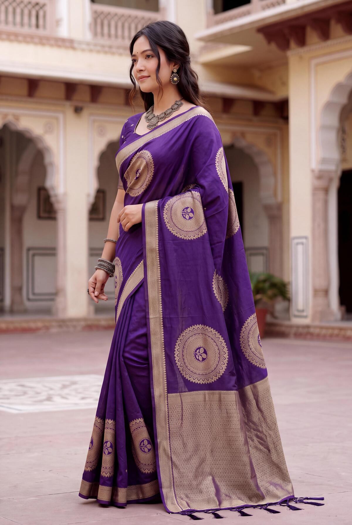 Precious Purple Banarasi Khadi Silk Saree With Radiant Blouse Piece
