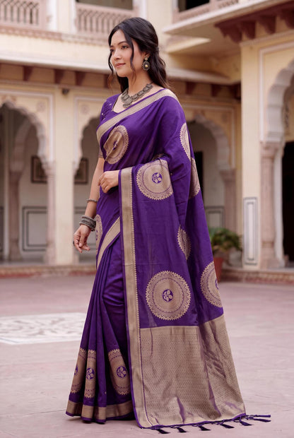Precious Purple Banarasi Khadi Silk Saree With Radiant Blouse Piece