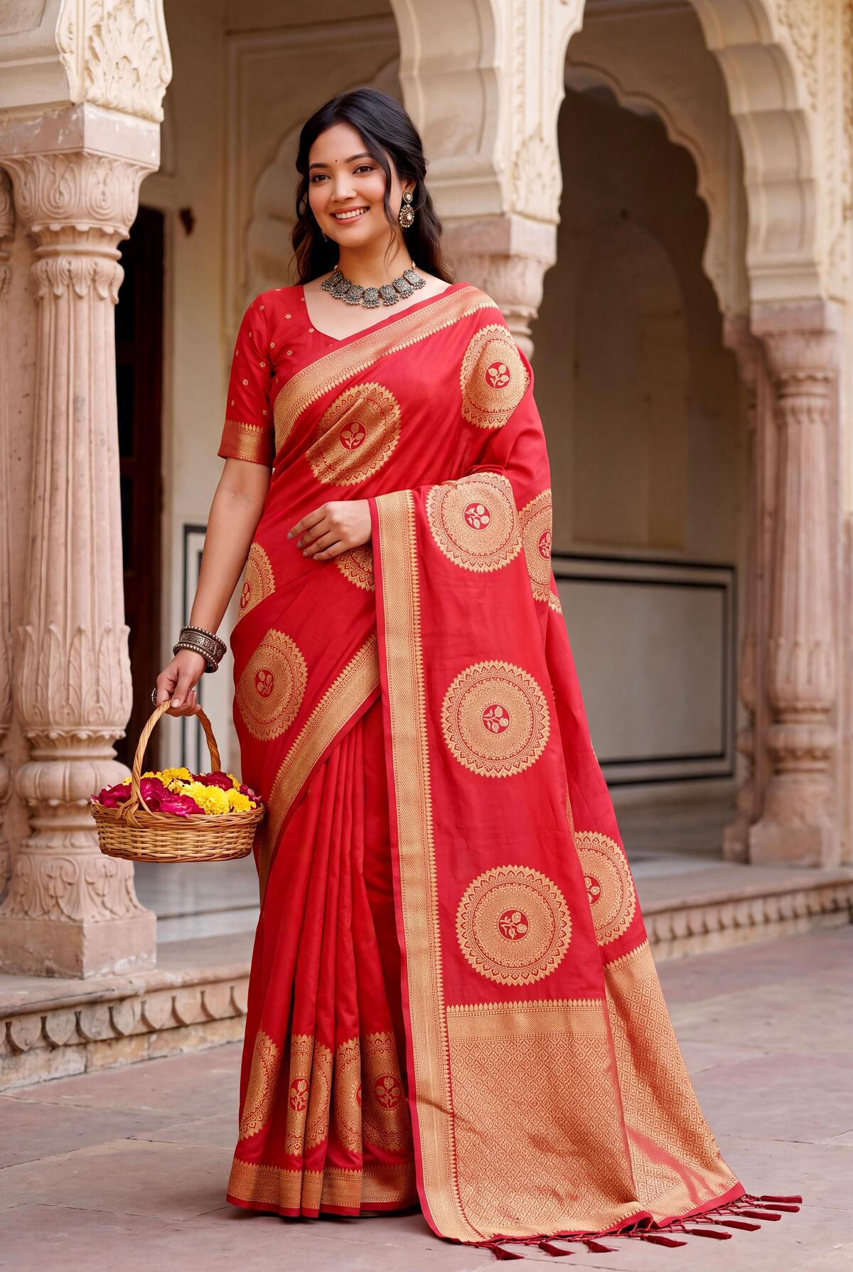Sizzling Red Banarasi Khadi Silk Saree With Panache Blouse Piece