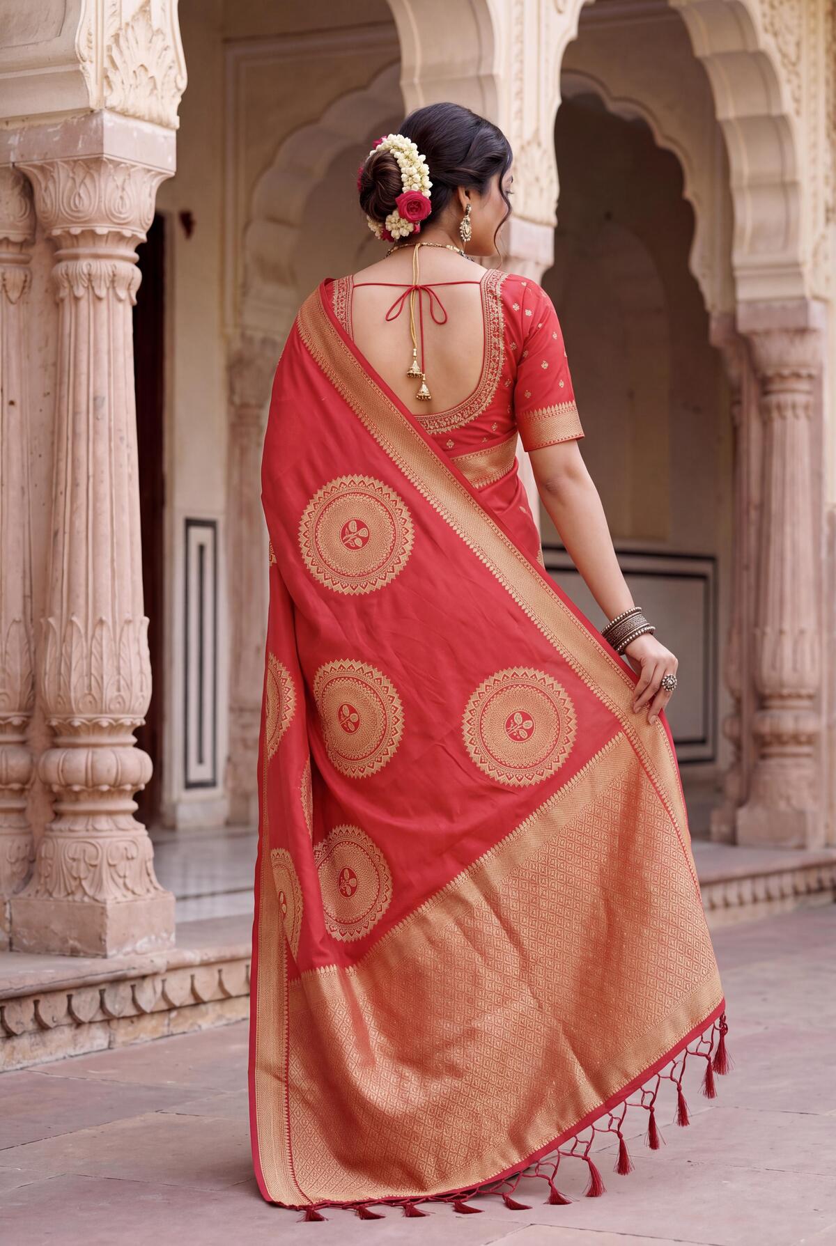 Sizzling Red Banarasi Khadi Silk Saree With Panache Blouse Piece