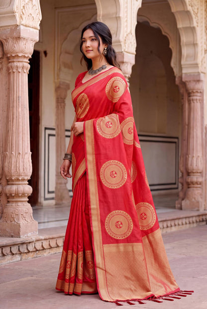 Sizzling Red Banarasi Khadi Silk Saree With Panache Blouse Piece