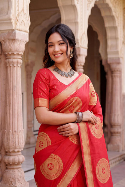 Sizzling Red Banarasi Khadi Silk Saree With Panache Blouse Piece
