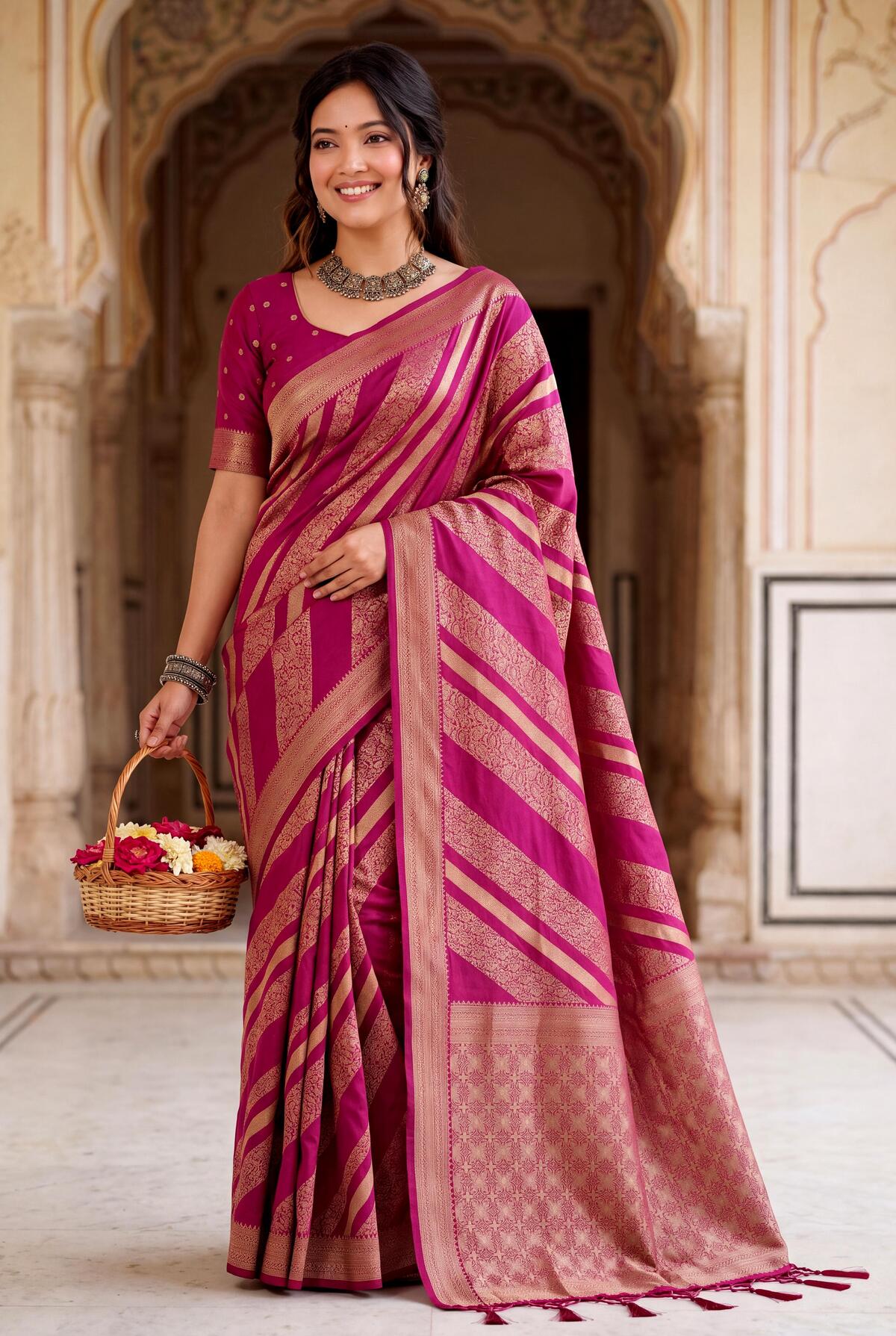 Captivating Dark Pink Banarasi Khadi Silk Saree With Moiety Blouse Piece