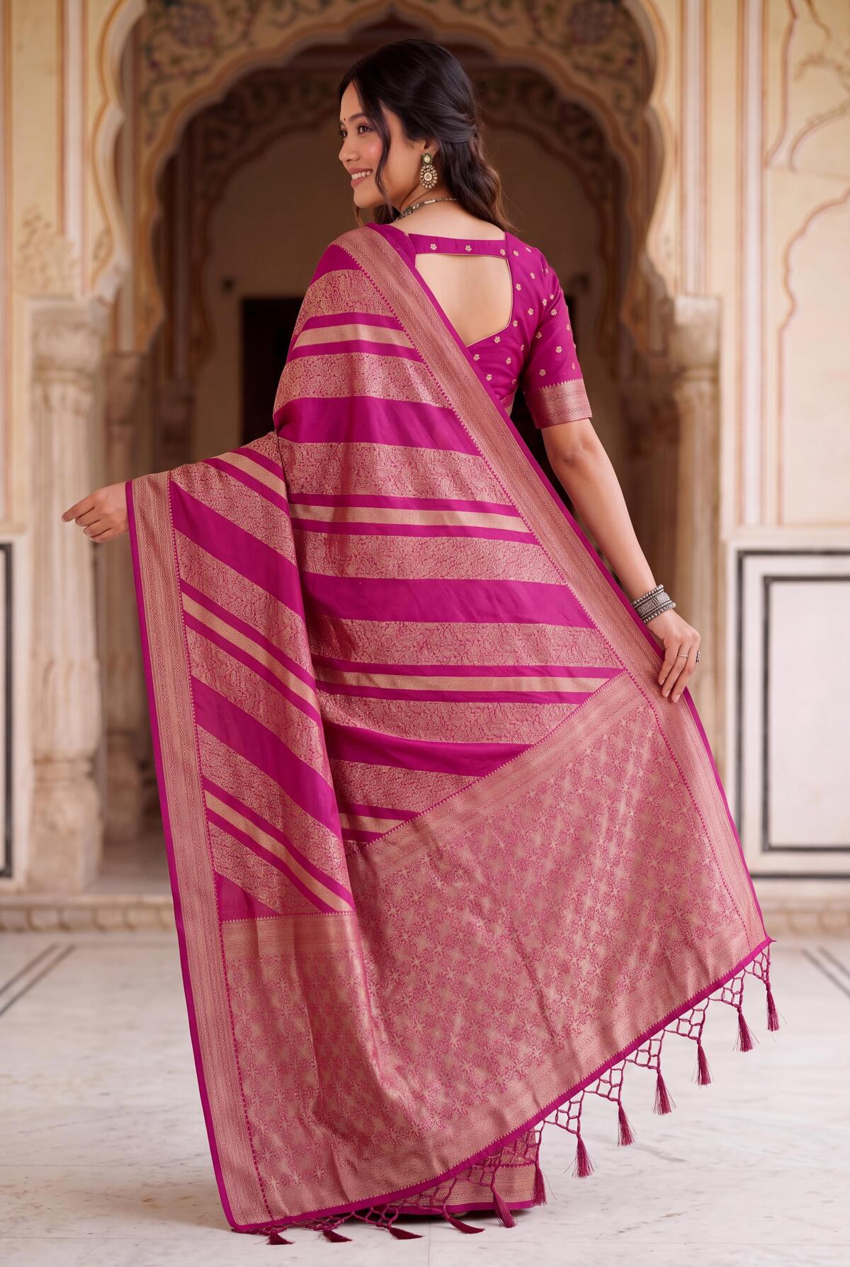Captivating Dark Pink Banarasi Khadi Silk Saree With Moiety Blouse Piece