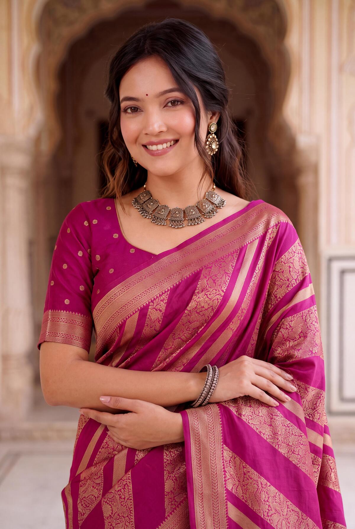 Captivating Dark Pink Banarasi Khadi Silk Saree With Moiety Blouse Piece