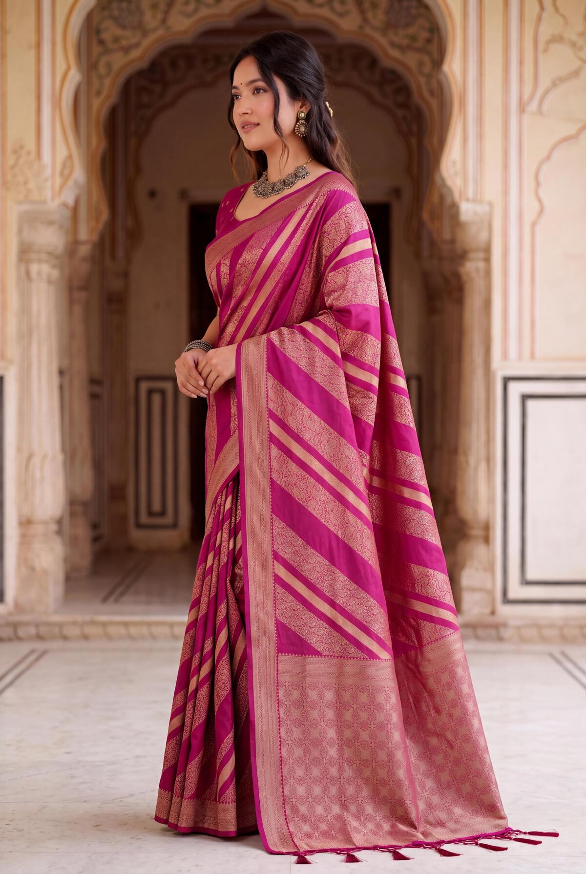 Captivating Dark Pink Banarasi Khadi Silk Saree With Moiety Blouse Piece
