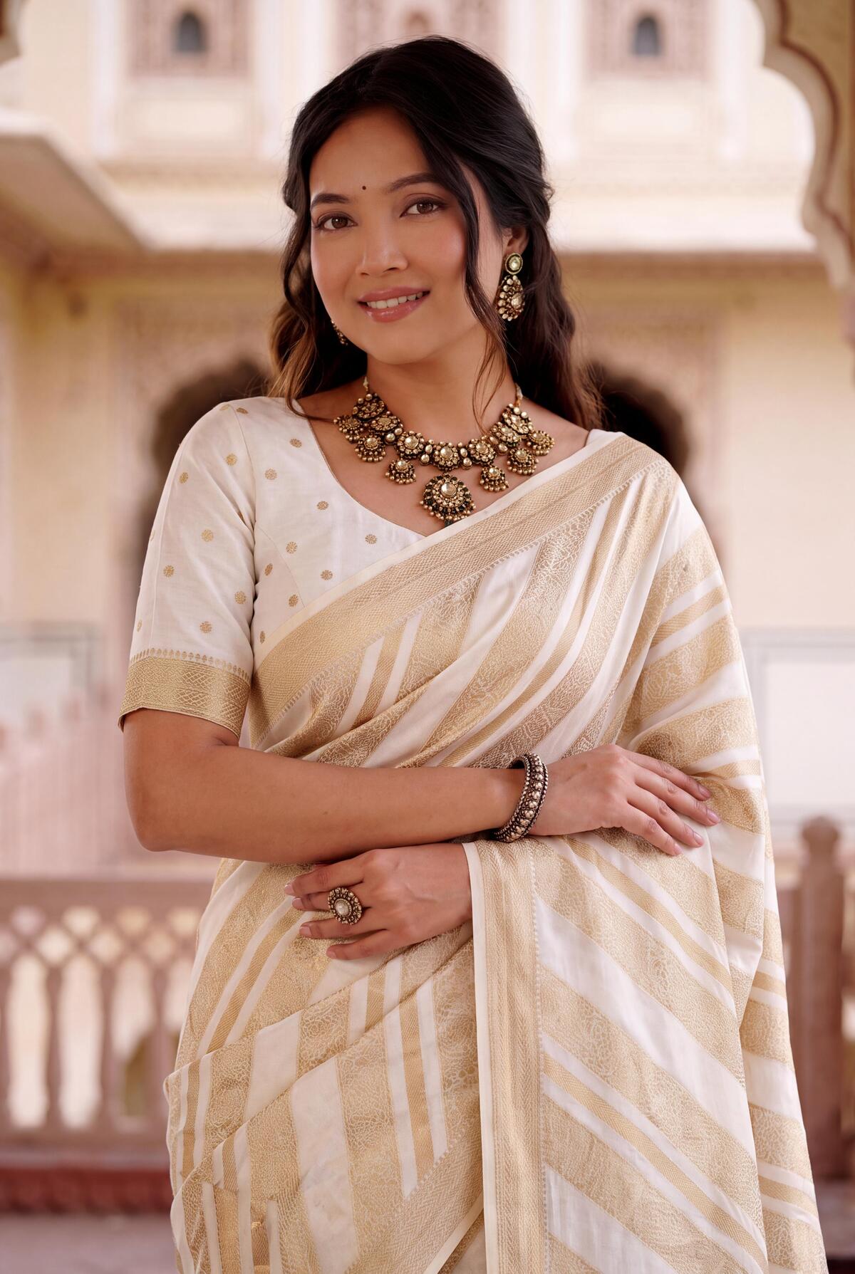 Vivacious Off White Banarasi Khadi Silk Saree With Alluring Blouse Piece