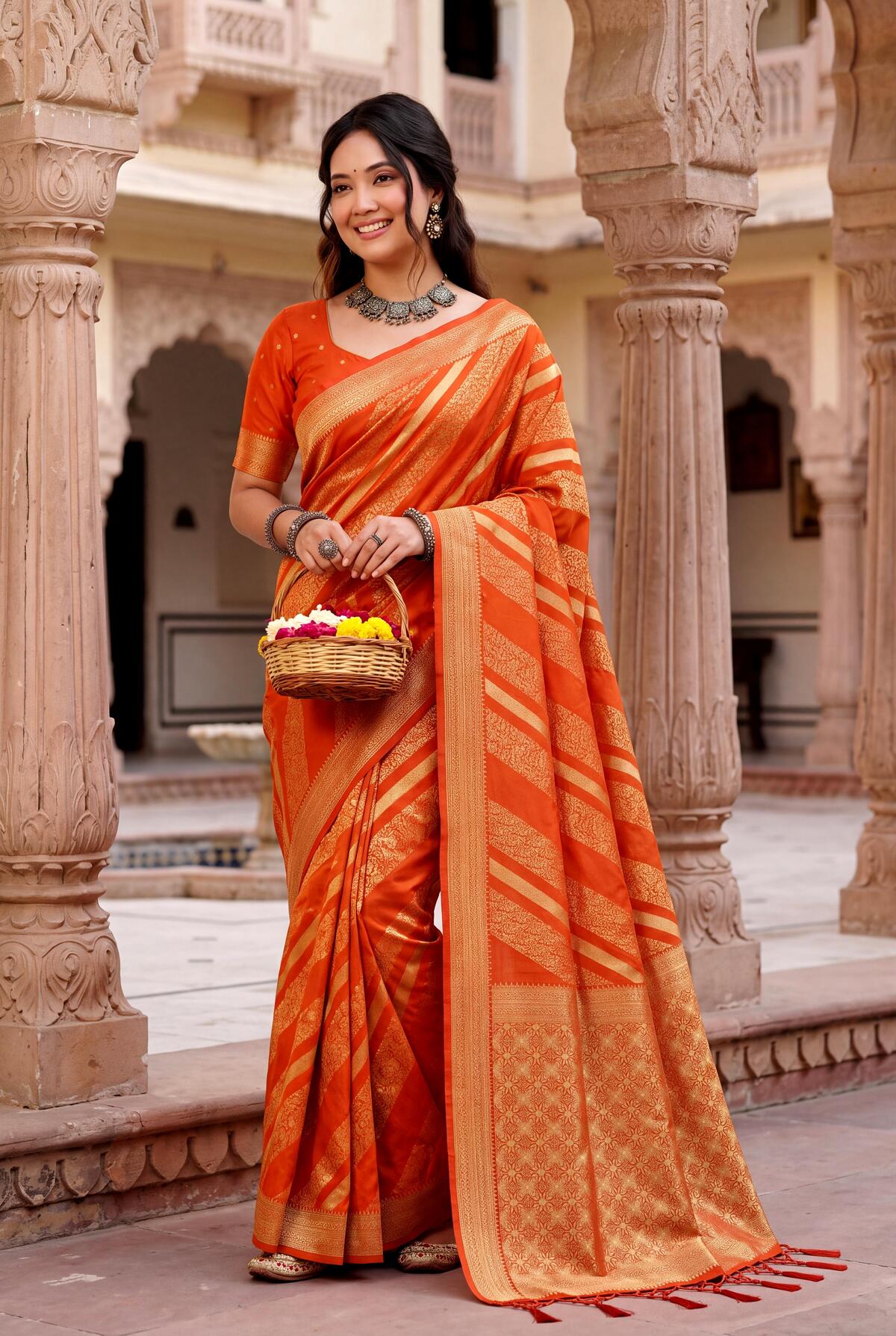 Comely Orange Banarasi Khadi Silk Saree With Jubilant Blouse Piece