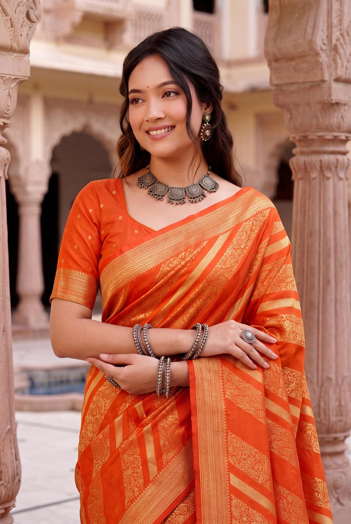 Comely Orange Banarasi Khadi Silk Saree With Jubilant Blouse Piece