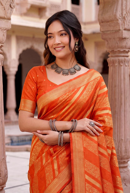 Comely Orange Banarasi Khadi Silk Saree With Jubilant Blouse Piece