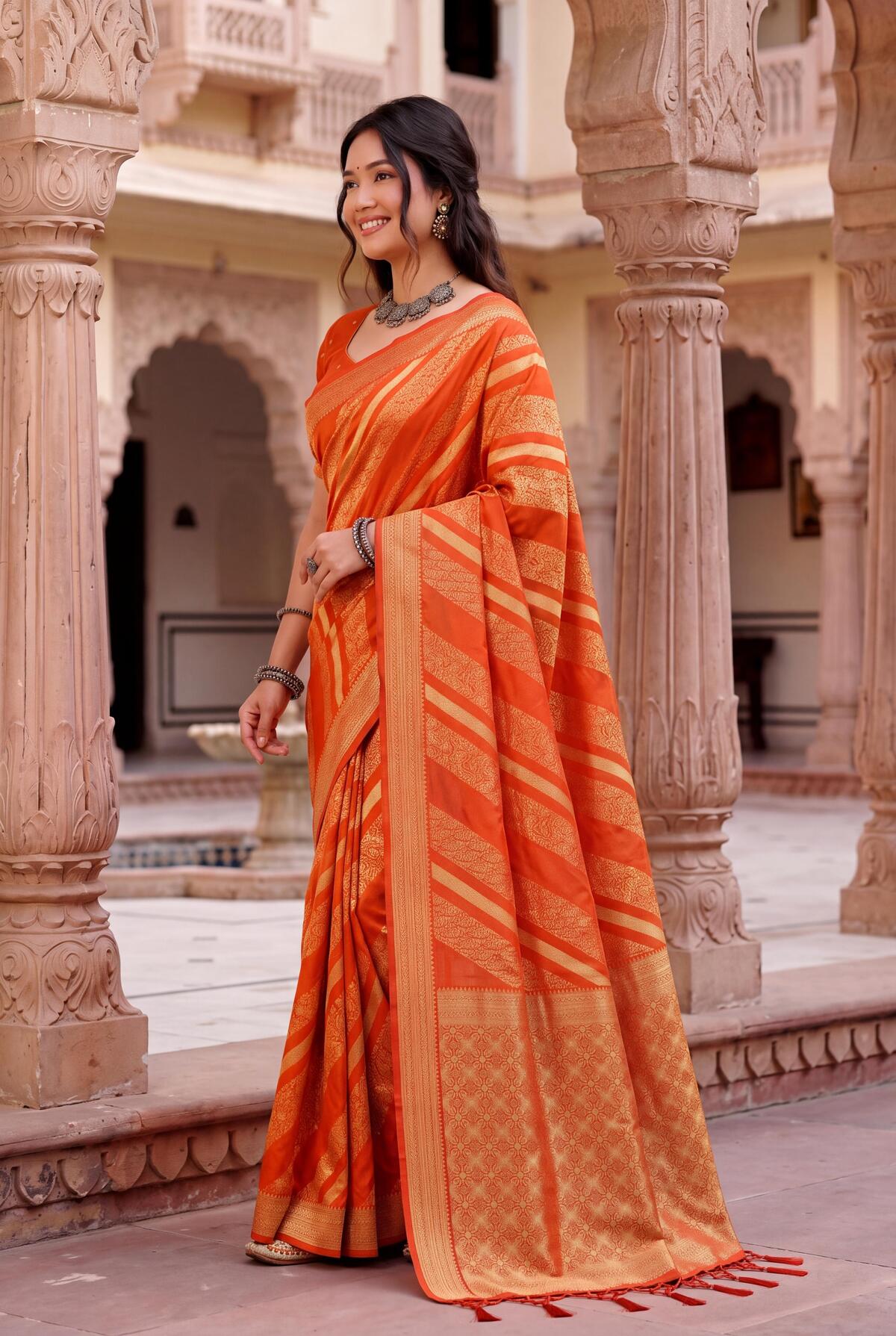 Comely Orange Banarasi Khadi Silk Saree With Jubilant Blouse Piece