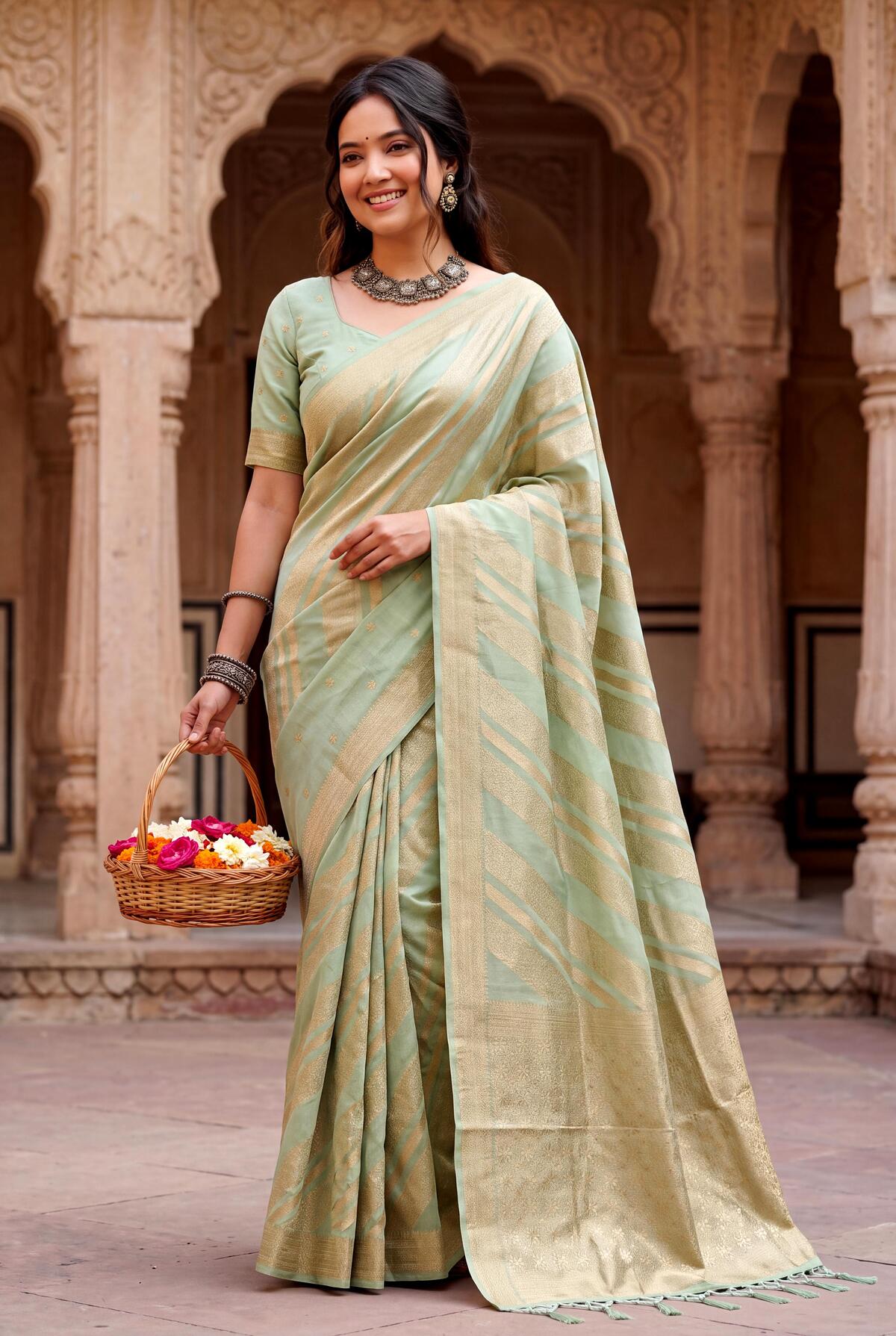 Classic Pista Banarasi Khadi Silk Saree With Profuse Blouse Piece