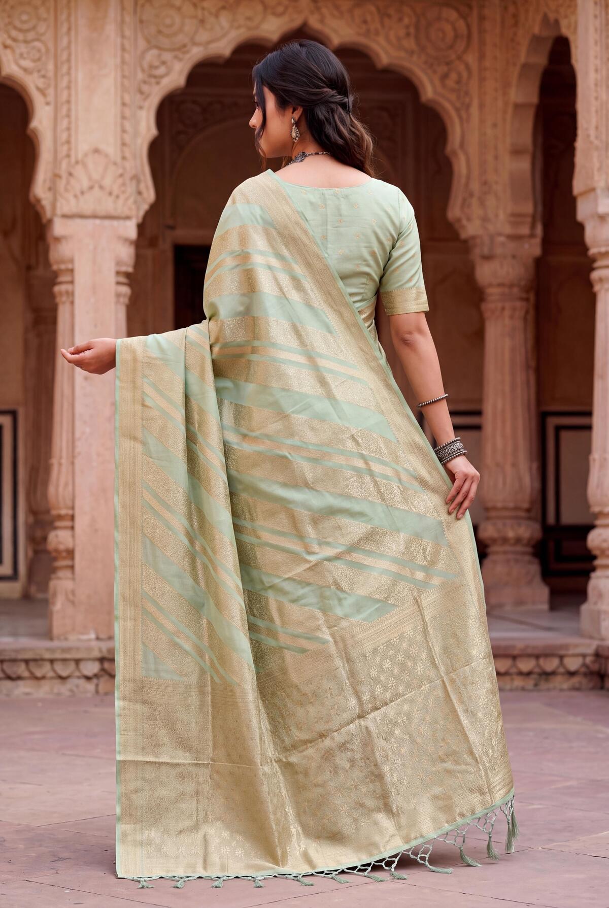 Classic Pista Banarasi Khadi Silk Saree With Profuse Blouse Piece
