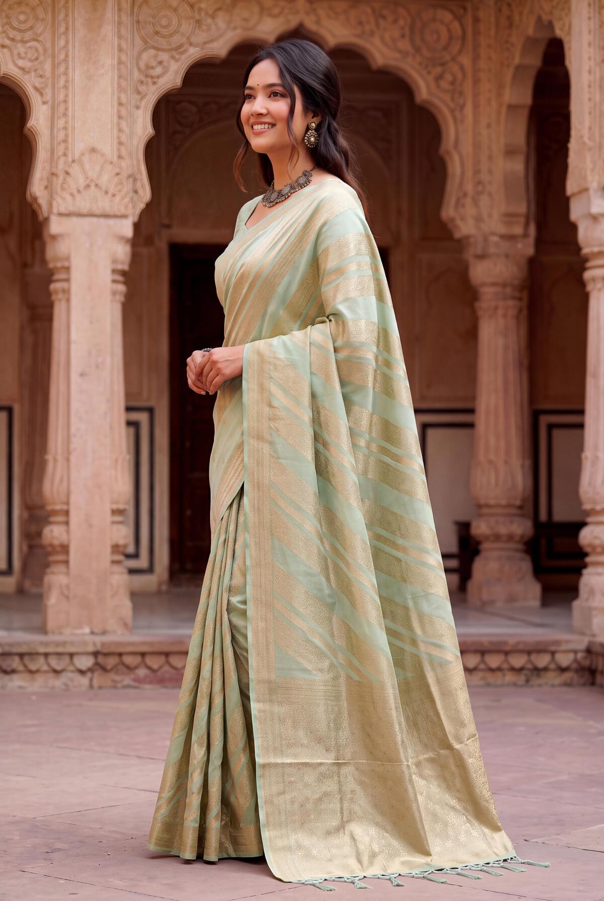 Classic Pista Banarasi Khadi Silk Saree With Profuse Blouse Piece