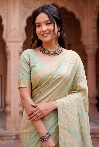 Classic Pista Banarasi Khadi Silk Saree With Profuse Blouse Piece