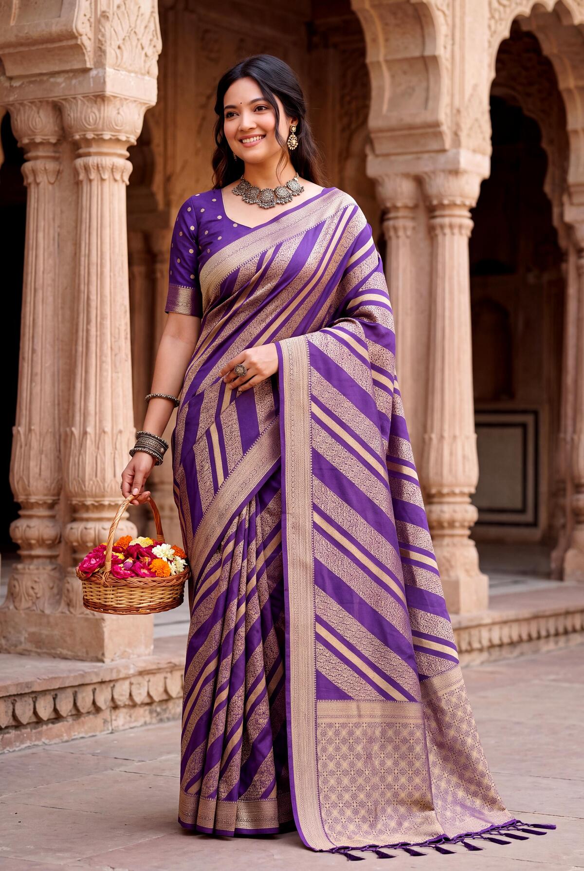 Unique Purple Banarasi Khadi Silk Saree With Eloquence Blouse Piece