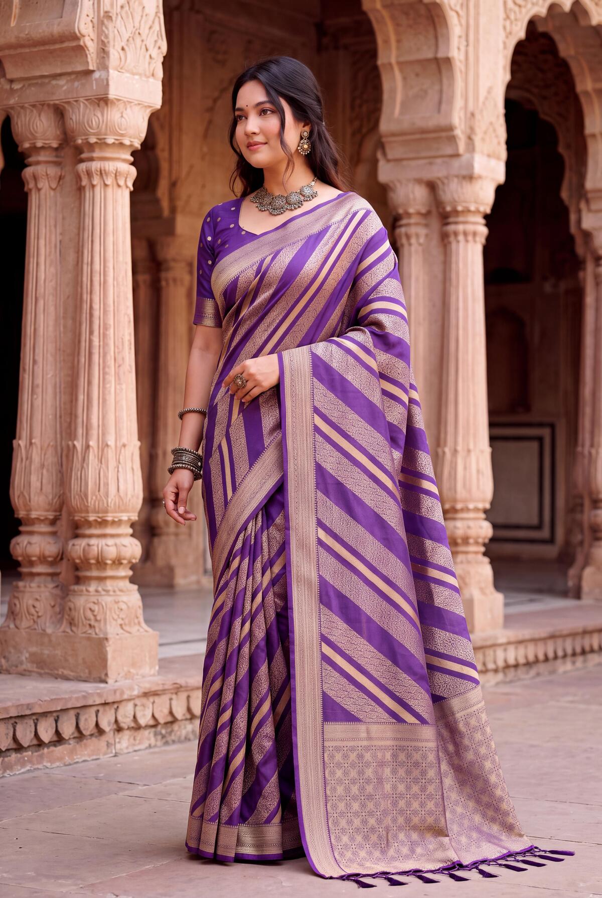 Unique Purple Banarasi Khadi Silk Saree With Eloquence Blouse Piece
