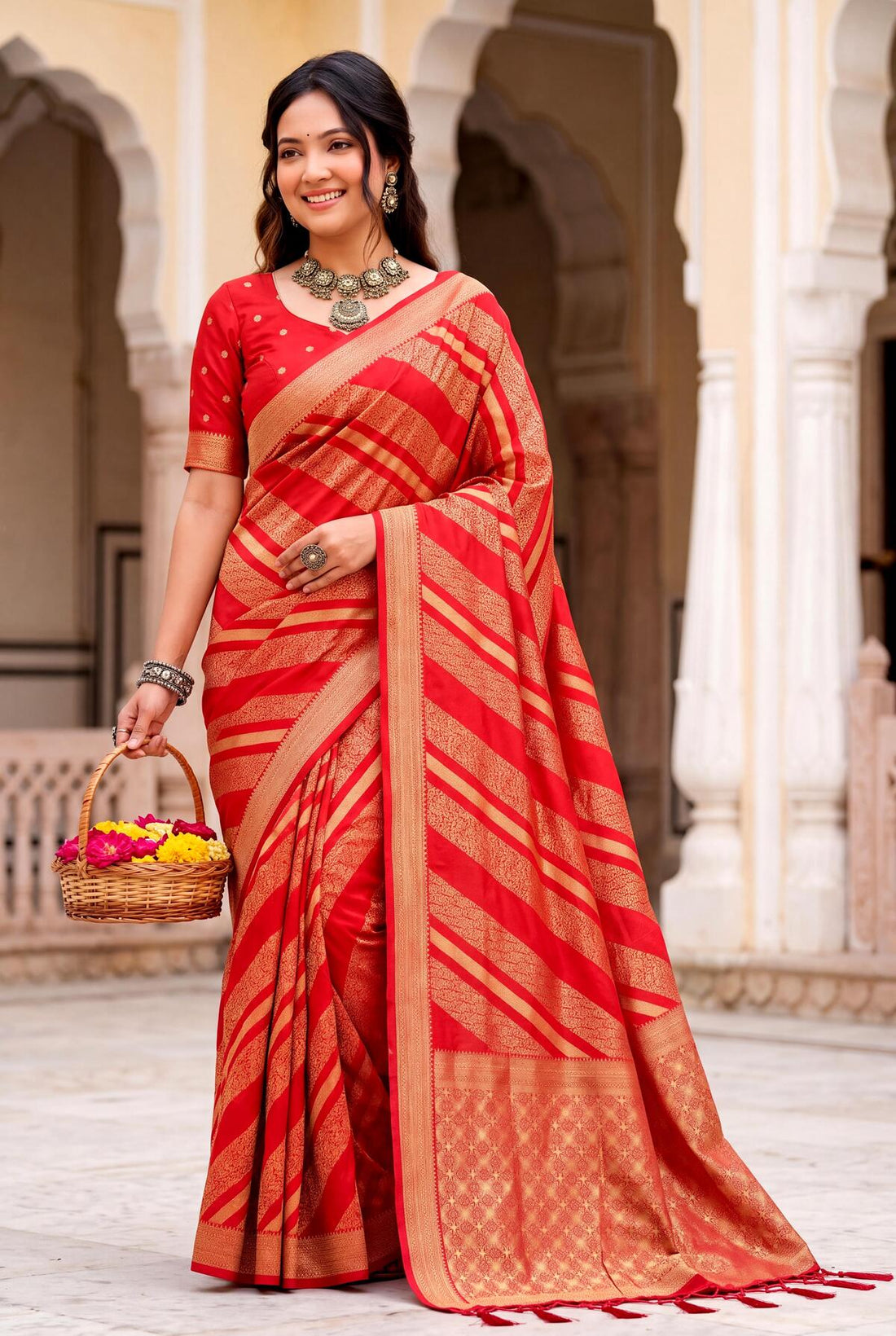 Winsome Red Banarasi Khadi Silk Saree With Impressive Blouse Piece