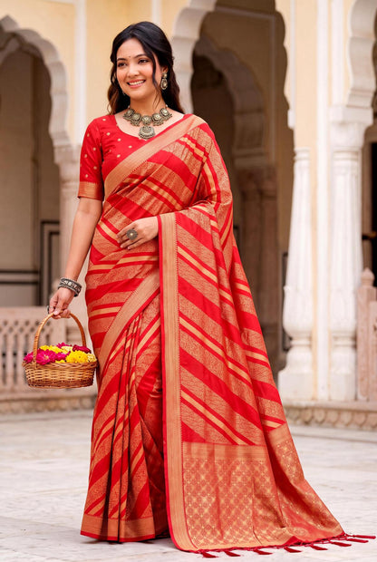 Winsome Red Banarasi Khadi Silk Saree With Impressive Blouse Piece