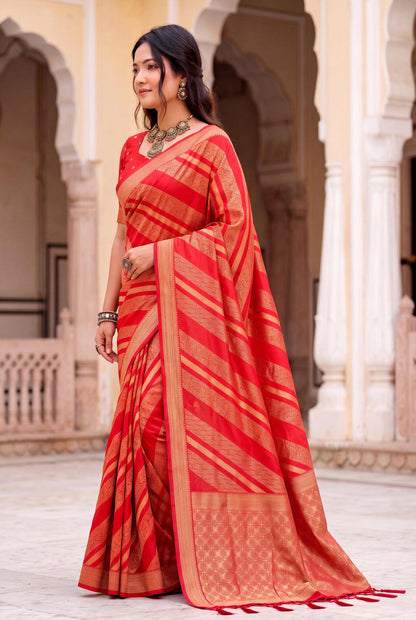 Winsome Red Banarasi Khadi Silk Saree With Impressive Blouse Piece