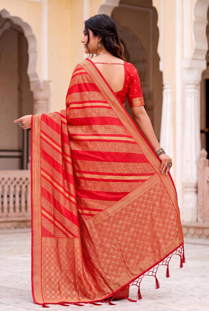 Winsome Red Banarasi Khadi Silk Saree With Impressive Blouse Piece