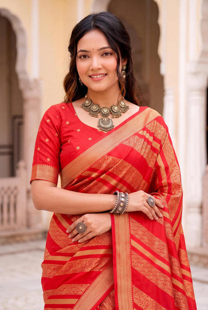 Winsome Red Banarasi Khadi Silk Saree With Impressive Blouse Piece
