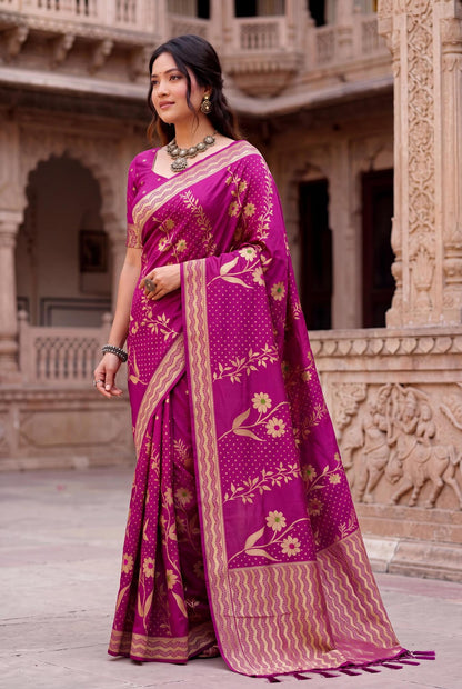 Ratatouille Dark Pink Banarasi Khadi Silk Saree With Outstanding Blouse Piece