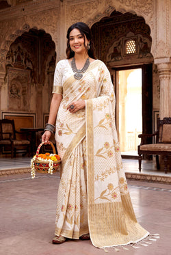 Nectarous Off White Banarasi Khadi Silk Saree With Designer Blouse Piece